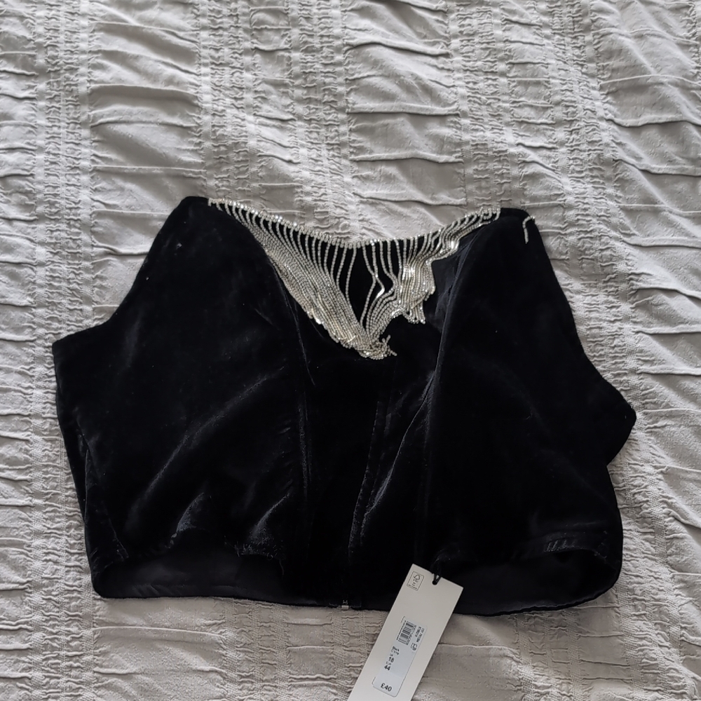Black Velvet Top with Silver Fringe